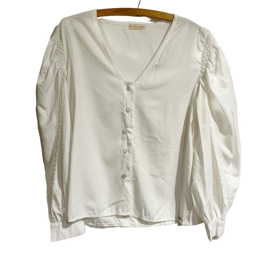 Contra Sensura Medium White Peasant Blouse Brazil Button Front Puff Sleeves